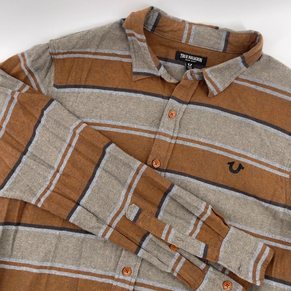 True Religion Mens Striped Long Sleeve‎ Button Down Shirt Brown Gray Large